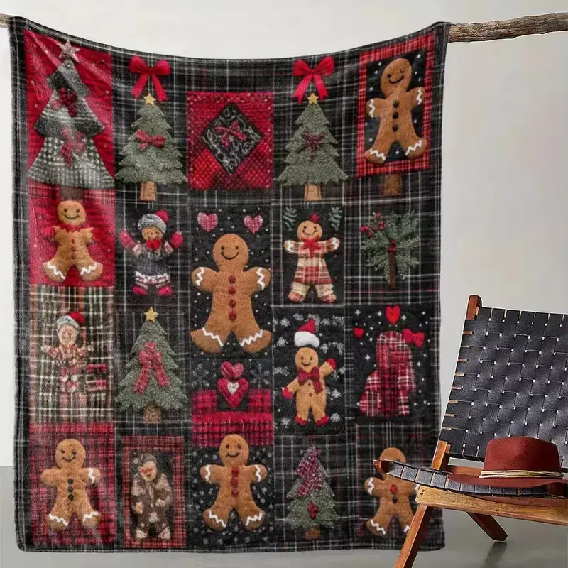Christmas gingerbread man patchwork print flannel throw blanket, ultra-soft comfortable flannel, hd printed lightweight cozy blanket, multi-purpose aesthetic room decor, perfect birthday, ideal nostalgic gift for Christmas for holiday lovers and family