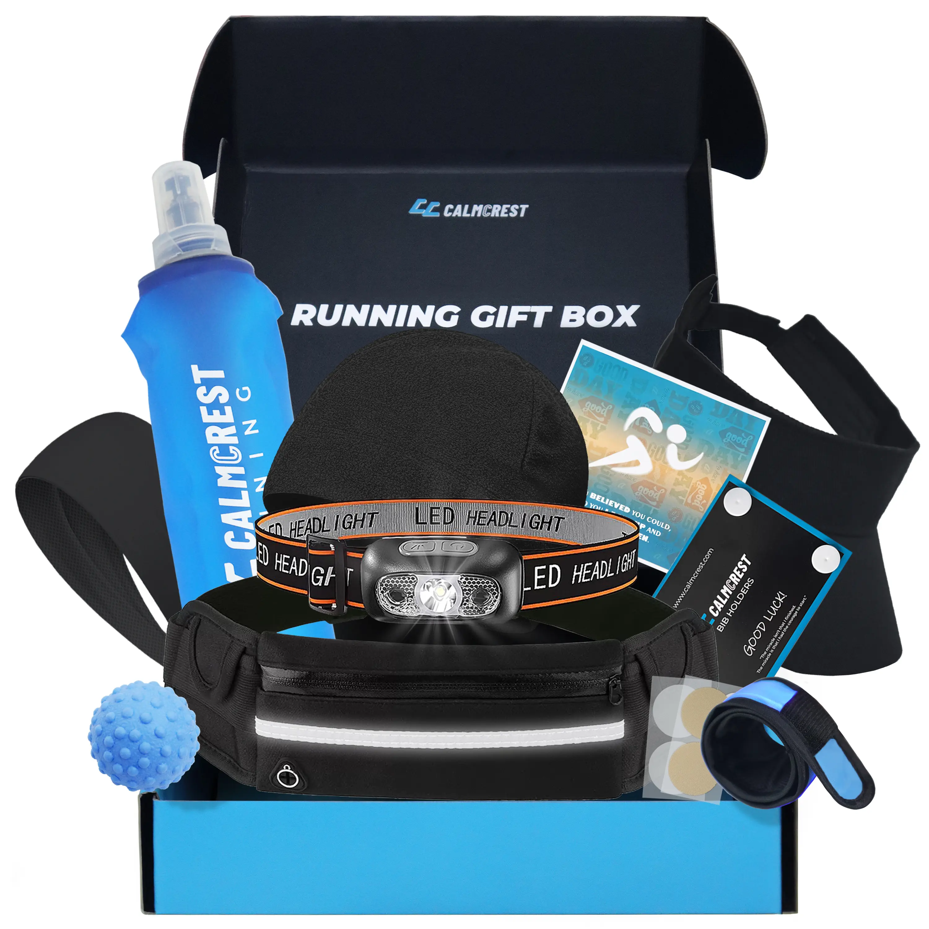 Running Gift Box Set for Men & Women – 10 Premium Running Gear Essentials, Includes Running Belt, Waterproof Headlamp, Collapsible Water Bottle, Running Beanie & More – Cool Runner Gifts (Blue)