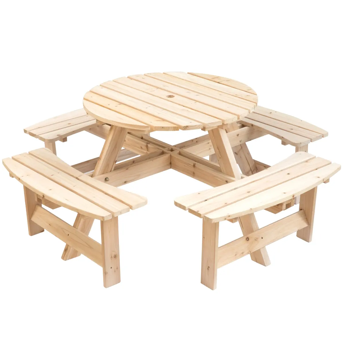 Gardenised QI003903.N Durable Resilience Solid Wood Outdoor Patio Round Table with Bench - 8-Person Capacity, Natural Finish, Umbrella Slot, 35" x 27.5", 69 lbs, Garden Family Picnic Outdoor Tables, Sunlight Shade
