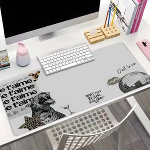 Leopard Print Mouse Pad with French Script - Retro Chic Desk Mat, Non-Slip Large Gaming Mousepad, Unique Office Computer Keyboard Pad for Aesthetic Desktop Setup, Desk Accessories (31.5"x11.8"