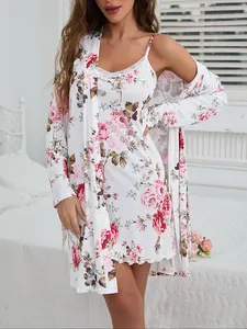 Women's Floral Print Belted Robe & Cami Nightdress Fitted Two-piece Set, Casual Comfy Loungewear Set for Women, Ladies Sleepwear for All Seasons