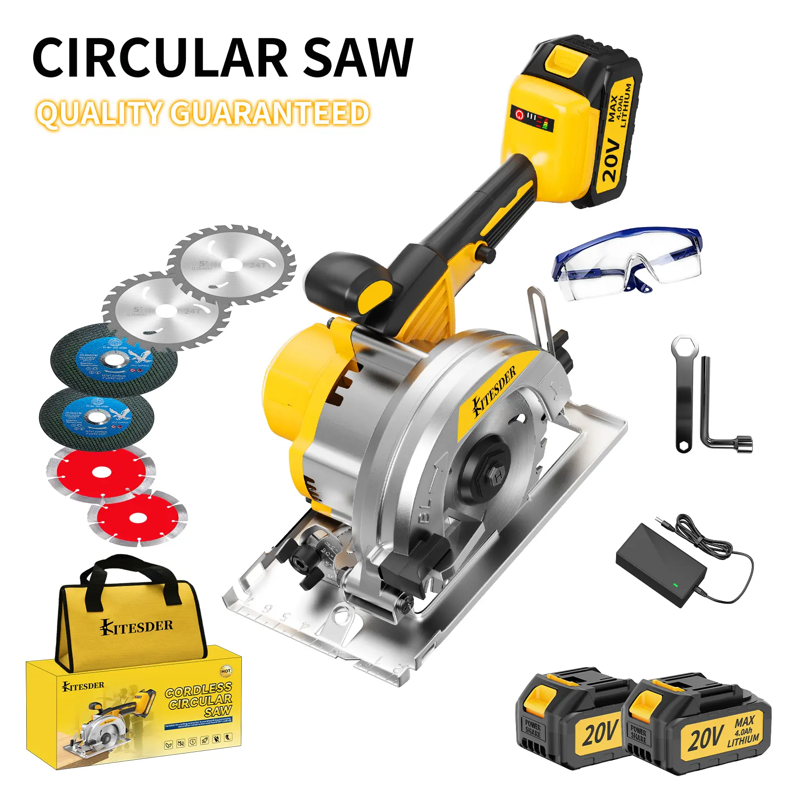 KITESDER Cordless Brushless Mini Circular Saw 6900 RPM, Maximum cutting depth: 1.77inch,Saw blade size:4.92inch Metal Auxiliary Handle, Included 4.0Ah Battery r, Multi-Blade Kit for Wood, Aluminum, Plastic, Metal Sheets