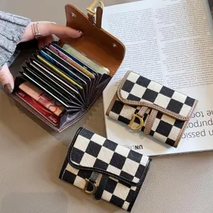 Women's Checkerboard Pattern Bifold Card Holder with D-Buckle, Stylish Compact Credit Card Organizer for Everyday Essentials