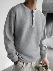 1pc Men's Henley Neck Waffle Knit Pullover Shirt, Henley Collar, Knit Fabric, Breathable, Lightweight, Suitable For Spring, Button Design, Fits Daily Outings, Spring Vacation Outfits, Old Money Style