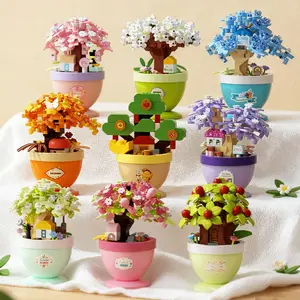 Moc Romantic Miniature Plant Pot, Creative Building Block, Includes Lucky Tree, Peach Blossom, Pear Tree, Artificial Flower Series, Home Decor Gift