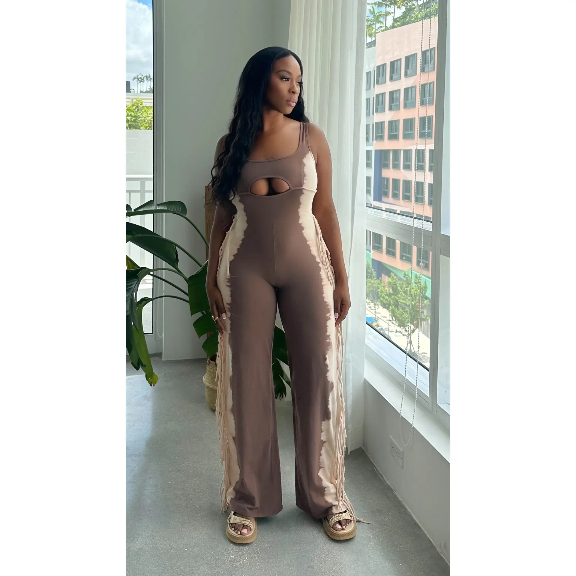 Two Tone Fringe Jumpsuit (Brown)