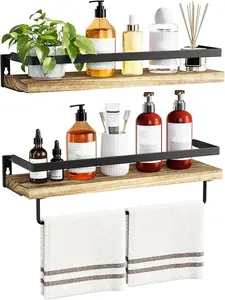 Bathroom Shelves with Towel Bar, Floating Shelves, Wall Shelves for Bathroom/Living Room/Kitchen/Bedroom, Light Brown Shelves Set of 2