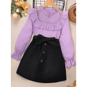 Two-Piece Set Girl's Contrast Lace Swiss Dot Blouse & Belted Skirt Set, Elegant Layered Sleeve Top & Button Skirt for Party Holiday, Kids Fall & Winter Clothes, Skirts Sets