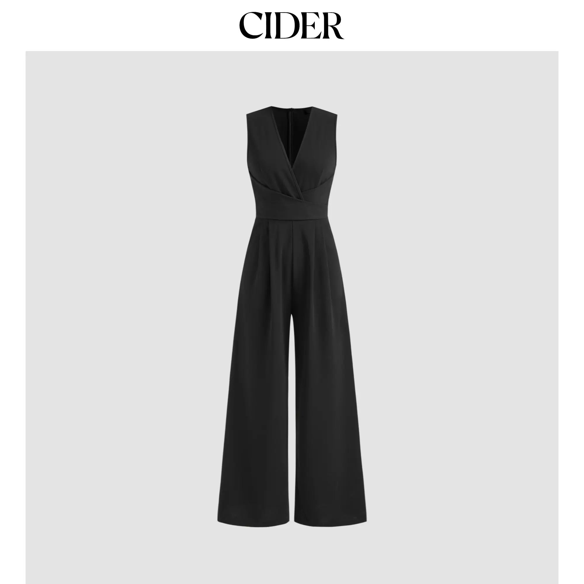Cider Women's Solid Long Sleeve Jumpsuit, Loose Fit Wrap V-Neck with Wide Legs and Zipper Closure, Loose Jumpsuit, Solid Color Jumpsuit