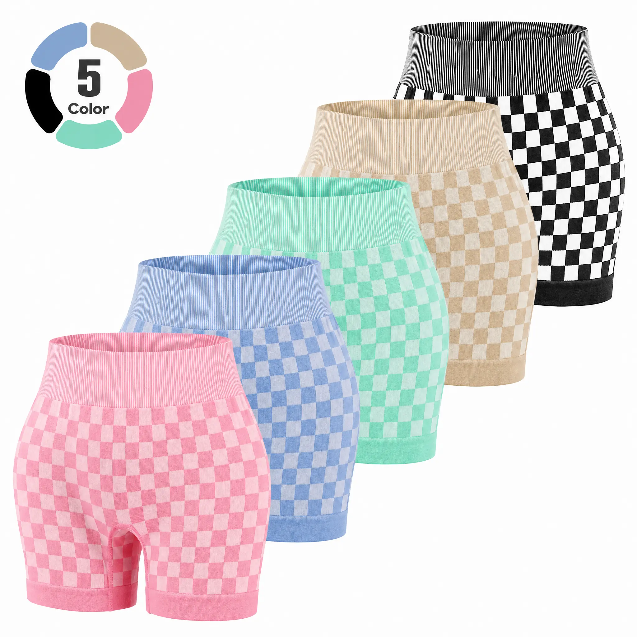5-Piece Checkered Active Shorts Set, High Waist Compression Workout Shorts for Women & Men, Yoga Gym Running Casual Wear, Back to School Campus Outfit