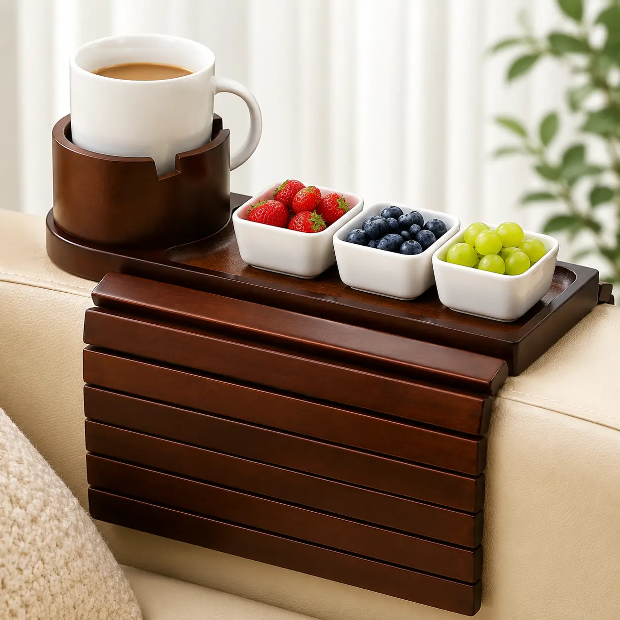 3-in-1 Bamboo Rectangle Sofa Armrest Tray Table - Anti-Slip Couch Arm Organizer with Cup Holder, Phone Stand for Drinks, Snacks, Remote Control - Biodegradable Small Space Indoor Furniture for Dorms, Holidays, Appreciation Gatherings