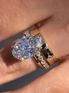 Women's Engagement Ring Set, Luxurious High-Quality Alloy Cubic Zirconia Decorated Rings, Daily Wear, Wedding Anniversary Party Gift