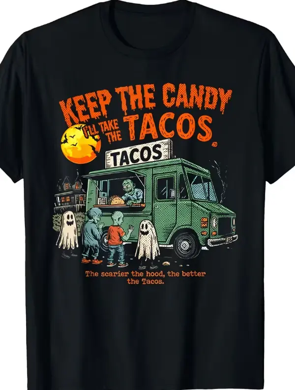 Keep The Candy Give Me The Tacos Halloween Taco Truck Graphic T-Shirt 2026 Summer Men'S Casual Short Sleeve T-Shirt Machine Washable All-Season Comfort
