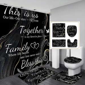 Creative Family Theme Shower Curtain Set, Inspirational Quotes, Includes 12 Plastic Hooks, Non-Slip Mat, Toilet Lid Pad, Home Bathroom Decor