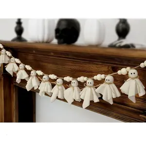 7Ft Cute Halloween Ghost with Wooden Beads Garlands, Handmade Rustic Halloween Banner for Wall Home Indoor Outdoor Spring Decor Supplies, White