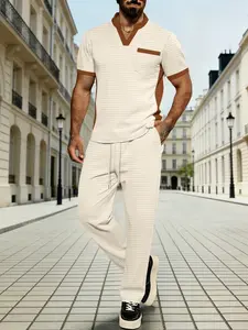 Men's Breathable Waffle Knit Set, Colorblock Henry Neck Short Sleeve Top + Drawstring Long Pants, Business Casual