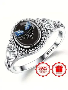 Silver Color Angel Wings Heart Memorial Ring, Engraved Ring, Boho Style Engagement and Wedding Jewelry, Durable Metal Oval Gift for All Seasons, Boho Style Rings