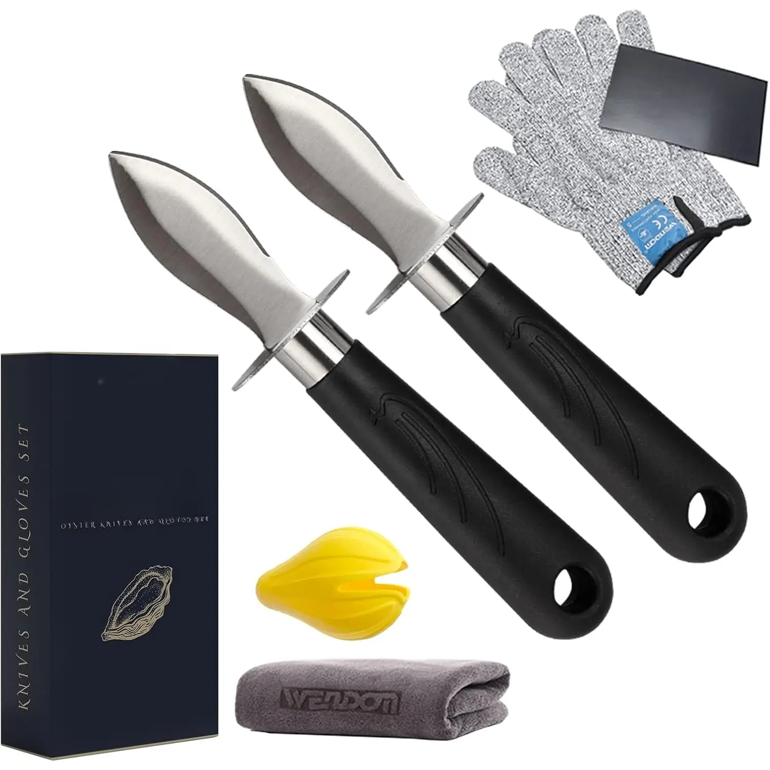 Oyster  Shucker Set Oyster Shucking  and Gloves Cut Resistant Level 5 Protection Seafood Opener Kit Tools (2knifes+2Glove+1Cloth)