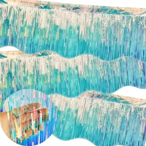 4PCS 38*300cm New Wavy Iridescent Blue Foil Fringe Garland Streamers Shiny Wall Hanging Banner Backdrop for Wedding Birthday Party Decorations