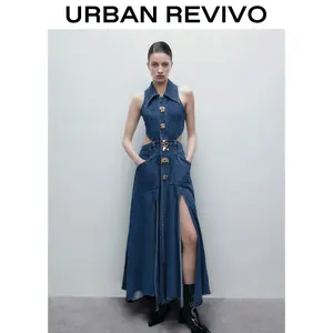 URBAN REVIVO Women's Casual Denim Dresses  Fashion Lapel Sleeveless Cut-Out Sides Slit with Big Pockets springtok