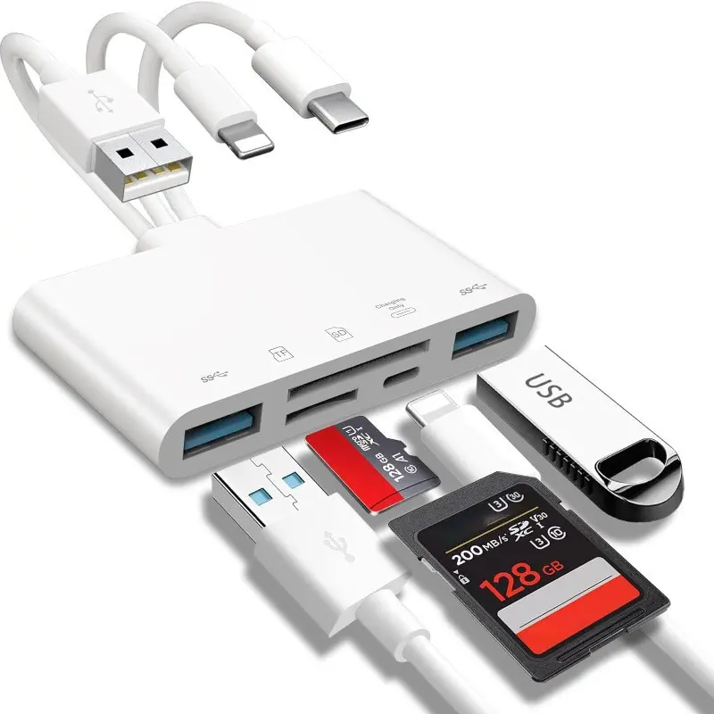 5-in-1 Memory Card Reader, USB OTG Adapter, SD Card Reader for Android, Compatible with iPhone/iPad, Type-C Phones, USB-C Devices
