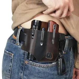 1pc Tactical EDC Tool Holder Leather Waist Pack Knife Sheath Flashlight Keychain Holder Portable Tool Organizer Leather Holster