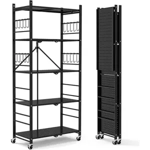 Storage Shelves with 20 Hooks, 5-Tier Collapsible Organization Storage Rack Bookshelf Folding Pantry Shelves Cube Shelf Wire Shelving Holds 440 Ibs for Garage Kitchen Room, Black