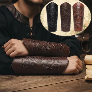 2pcs Medieval Faux Leather Wrist Guards, Dragon Embossed Viking Arm Bracers, Larp Role Play Cosplay Accessories, Unisex Halloween Costume Props
