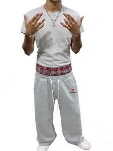 Men's Two-Piece Set, Streetwear Tracksuit Set, Los Angeles Heart Print T-Shirt & Plaid Waist Wide Leg Pants, Summer Casual Street Style Sportswear, Athleisure Breathable Clothes