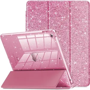 Sparkly Glitter Clear Case for iPad 9th/8th/7th Generation (10.2-inch) – Pink Smooth Crystal with Pencil Holder & Protective TPU Frame for Kids and Girls