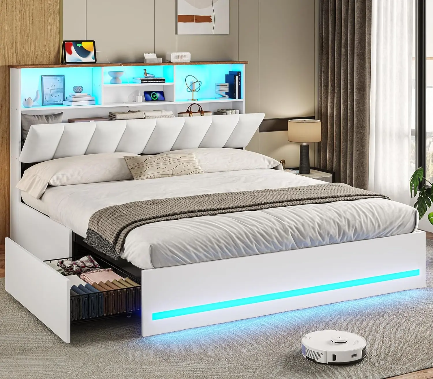 VIAGDO Queen Size Bed Frame - Modern Wooden LED-Illuminated Bookcase Headboard, Type-C & USB Charging Station, 4 Storage Drawers, No Box Spring Needed, Black Platform Bed Frame with Compartments for Apartment Furniture