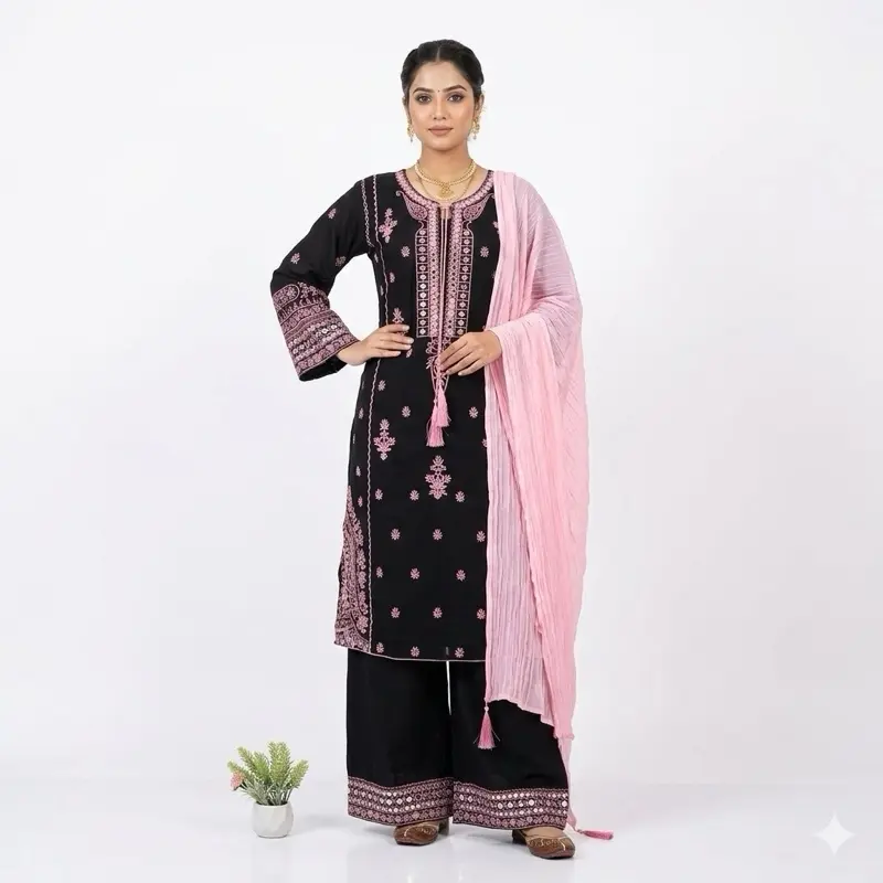 Women's Black-Pink Silk Indian Panjabi Suit - Nice Quality Daily Wear Modest Clothes with Pants and Mirror (Prayer Attire), Top, Sleeves, Fabric, Lady