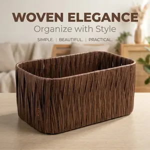 Woven Style Storage Basket with Metal Frame, Waterproof PP Organizer Bin for Bathroom, Vanity, Kitchen & Desk, Decorative Dark Brown Storage Box for Makeup, Skincare, Snacks & Home Essentials (Single Pack) wicker