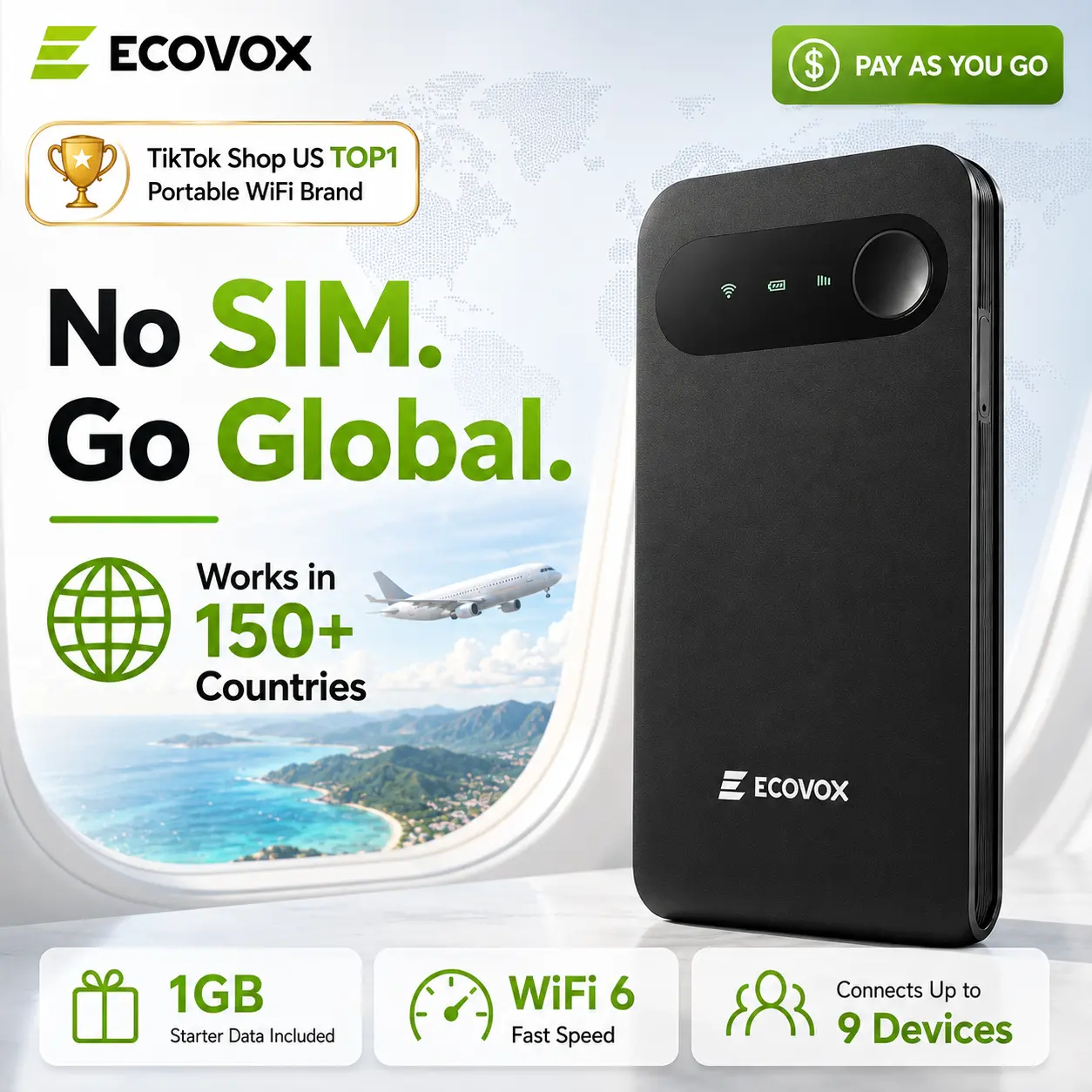 ECOVOX No SIM Portable WiFi Hotspot | 4G LTE Travel Pocket Router | 150+ Countries, 150Mbps Speed, FCC Certified | 1GB Starter Data Included | Dorm, Campus, Road Trips & Travel Essentials | tiktokbacktoschool