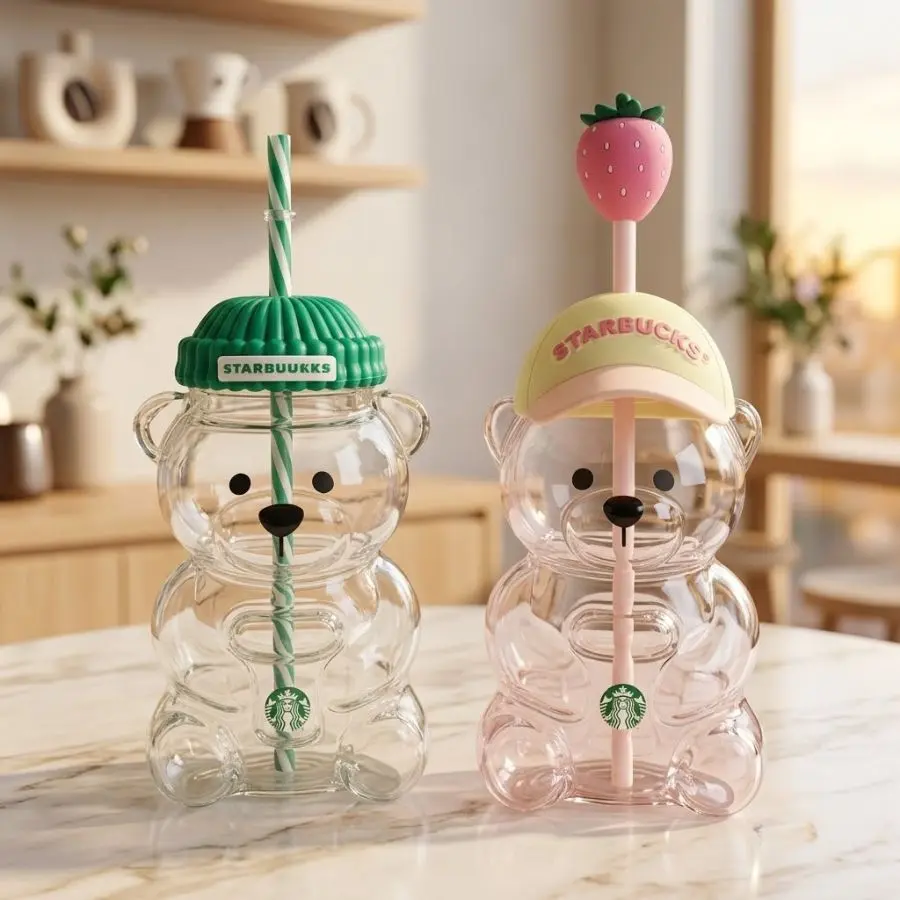 Cartoon Bear Tumbler 600ML, Starbucks Straw Topper & Baseball Cap Lid Water Bottle, Creative Holiday Gift for Women Students Birthday Cup, Gift For Back To School