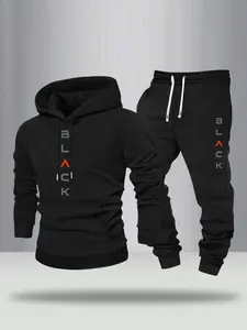 Men's Letter Print Hoodie & Pants Two-Piece Set, Streetwear Tracksuit Set, Regular Fit Casual Long Sleeve Hooded Sweatshirt & Jogger Pants for Fall & Winter, Men's Two-piece Outfits for Daily Wear, Tracksuit Sets, Training Tracksuit