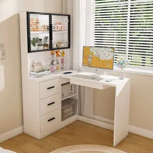 L Shaped Computer Desk with Glass Cabinet & LED Lights, Home Office Desk with USB Charging & Keyboard Tray, White