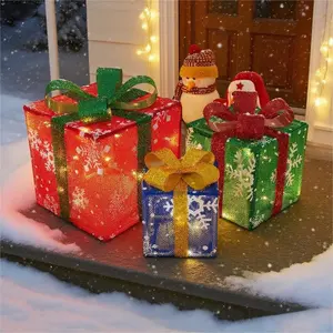 3-Pack Christmas Gift Box Lights – Transparent red design with fairy light strings for indoor decor. Features battery dual power supply, 8 flashing modes with timer function. Perfect for Christmas trees, home decor, weddings & birthday parties