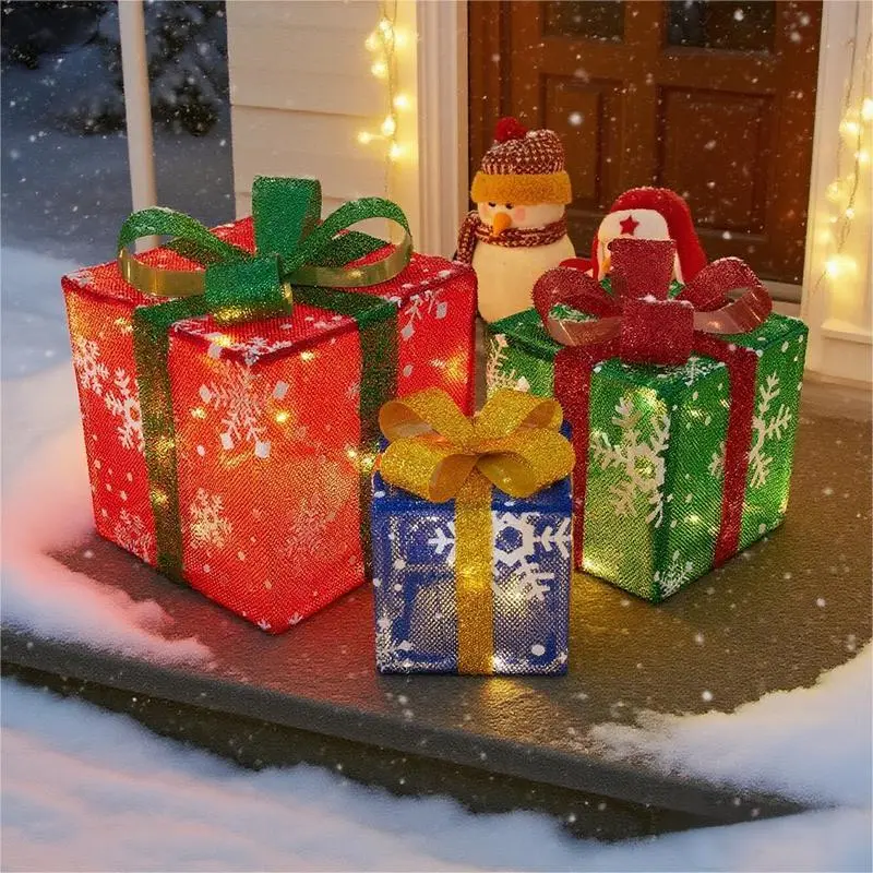 3pc Christmas Light Gift Box Ornaments Set - Remote Control, Festive Ribbon, Warm Light, Magic Glow, AA Battery-Powered, Indoor Outdoor Decor, DIY Crafts (Requires Assembly, Battery Not Included), Batteries
