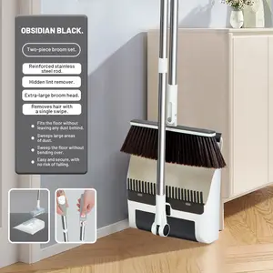 AHF Obsidian Black 3-in-1 Broom and Dustpan Set with Lint Roller & Adjustable Long Handle for Indoor Sweeping Lightweight Rubber Stainless Steel Construction Home Cleaning