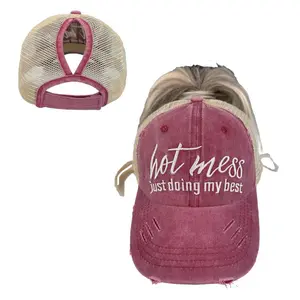 Women's Baseball Hat - Ponytail Baseball Cap Distressed Washed Messy High Bun Ponytail Hat