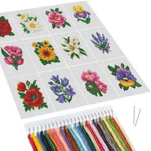 Flower Pattern Cross Stitch Kit, 12pcs/set 11CT Cross Stitch Printed Canvas Rose Needlework Craft, DIY Cross Stitch Kit for Beginners, Hand Embroidery, Embroidery Design