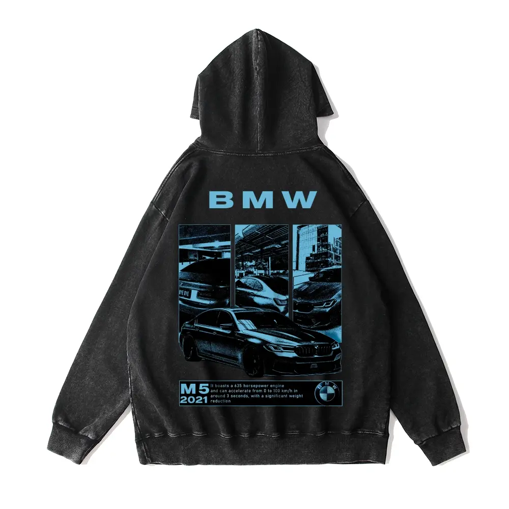 Men's 380g Soft M5 Fabric Unisex 2021 Autumn & Winter Cars Washed Hoodie - Basic Retro Street BMW Printed Pullover Tops, Menswear, Casual, Cotton, Vintage