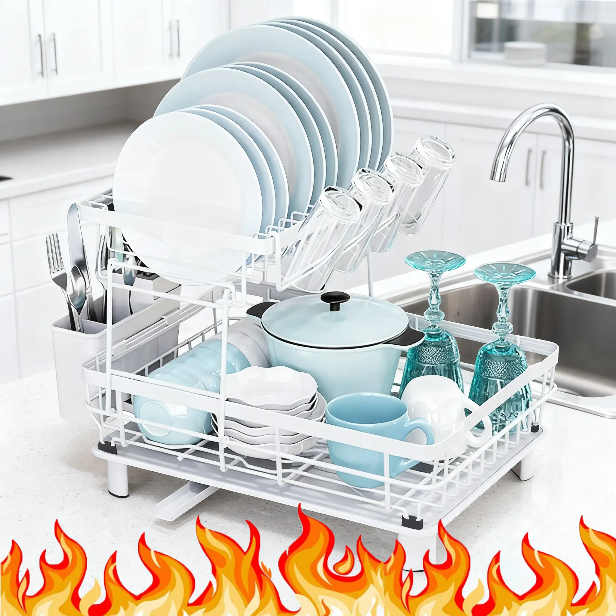2 Tiers Dish Drying Rack, Space-Saving DishRacks for Kitchen Counter, Dish Drainer DryingRack with Drainboard, Utensil Holder CupsHolder Plate Rack and Automatic DrainageDrainboard, Black