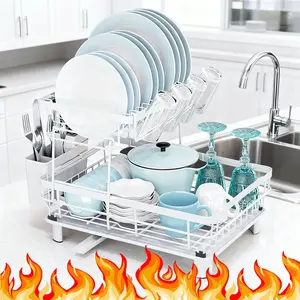 2 Tiers Dish Drying Rack, Space-Saving DishRacks for Kitchen Counter, Dish Drainer DryingRack with Drainboard, Utensil Holder CupsHolder Plate Rack and Automatic DrainageDrainboard, Black