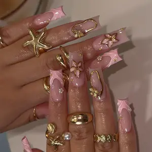 Nude Pink Gradient Luxury Press On Nails, 3D Metal Flower & Pearl Charms with Irregular Gold Lines and Ruched French Tips, Elegant Medium-Long Tapered Removable False Nails with Jelly Glue and Nail File