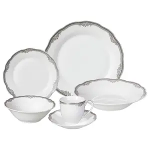 212 MAIN Porcelain Wavy Border Trim Tableware Set - 24-Piece Service for 4, Includes Coffee Cups and Bowls (Elizabeth Design by Lorren Home Trends)