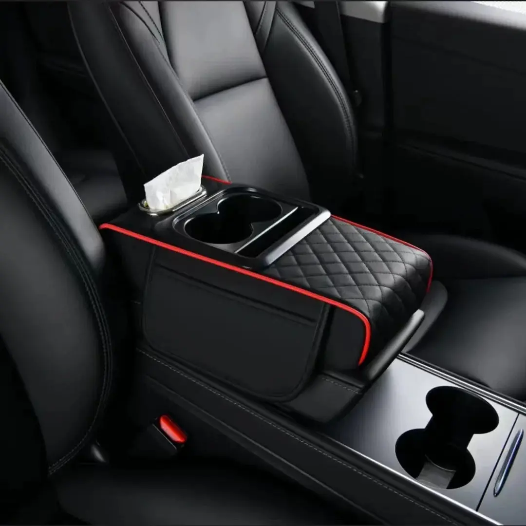 5 in 1 3" Thickening Car Armrest Cushion withCup Holder Phone Mount Storage Bags TissueBox Slot, Memory Cotton Leather Center ConsoleCover, Multifunctional Universal For BMWChevrolet Ford Honda Jeep Nissan ToyotaMercedes-Benz Hyundai VW, Car Console Organ