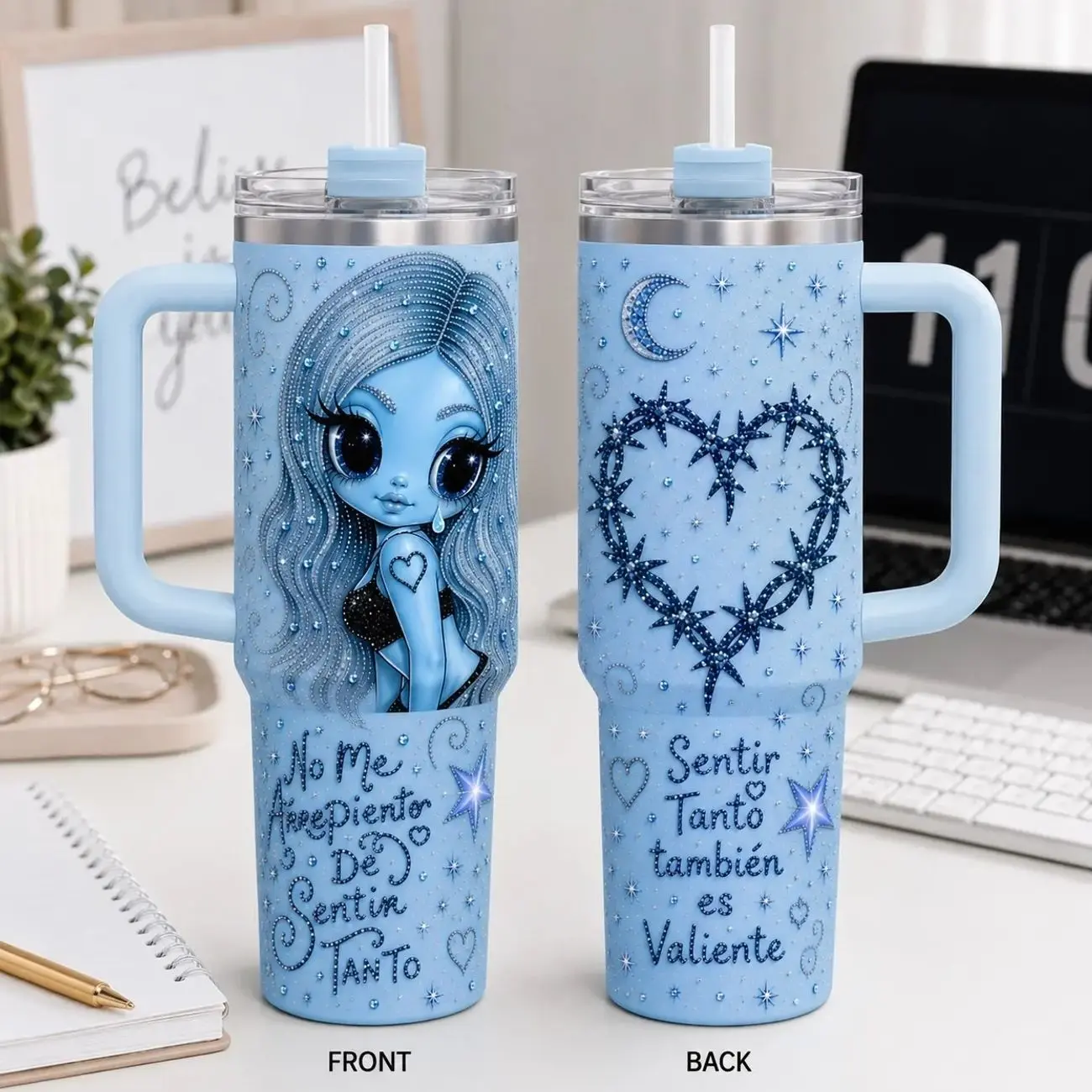 Blue Rhinestone Emotional Quote Tumbler 40oz, Sparkly Heart Design Insulated Travel Cup with Straw, Aesthetic Gift for Women