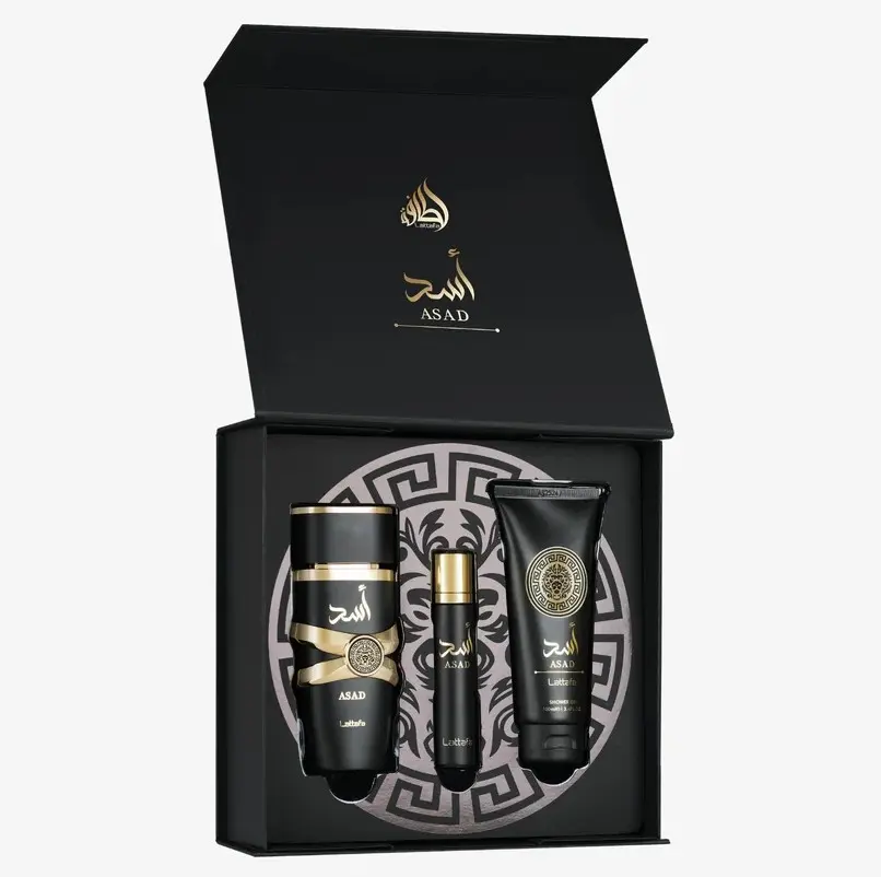 Lattafa Asad 3-Piece Beauty & Personal Care Gift Set - Bath & Body Care Collection with Rich Pineapple Patchouli Fragrance Scented Natural Spray, Spicy Fresh Notes